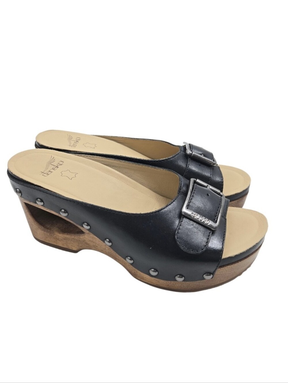 Dansko Adeline Black Leather Studded Wooden Clog Mules - Picture 2 of 14
